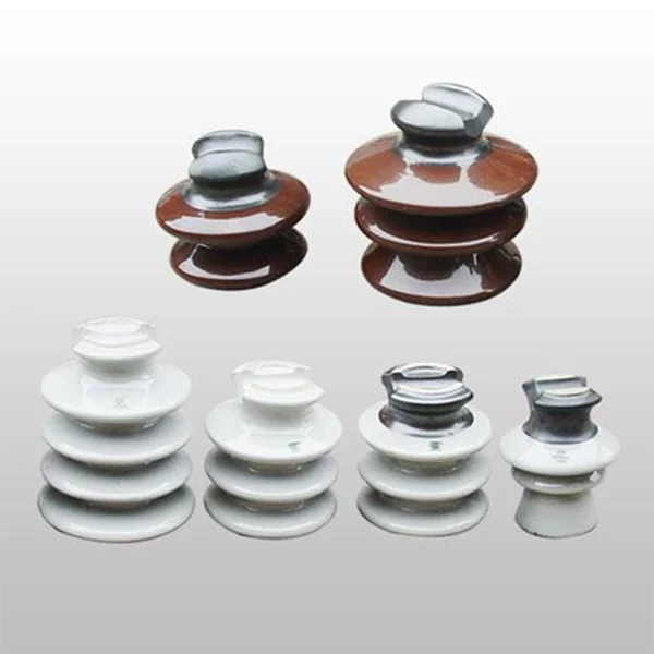 Porcelain pin type insulators, brown and white glaze