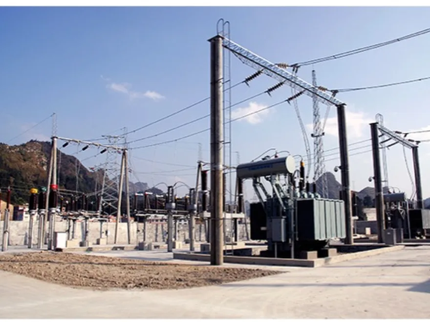 Main transformer and gantry structures of an outdoor high-voltage substation