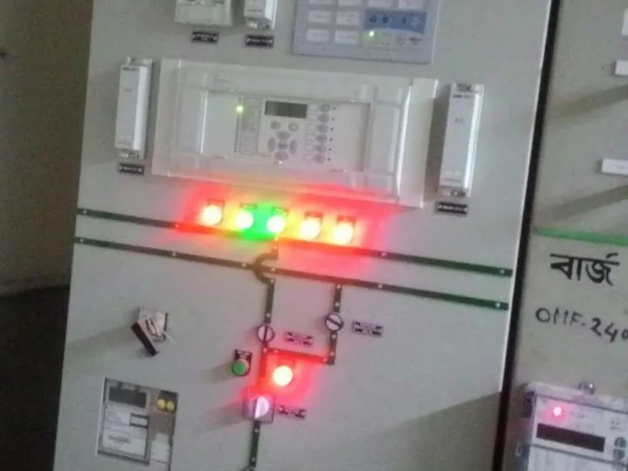 Control and protection panels with relay devices in a substation control room